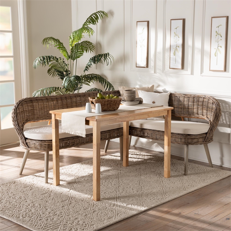 Baxton Studio Raisa Gray Seagrass Bench and Wood Table 3-Piece Dining Nook Set