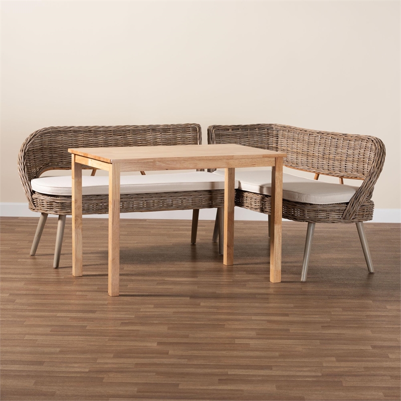 Baxton Studio Raisa Gray Seagrass Bench and Wood Table 3-Piece Dining Nook Set