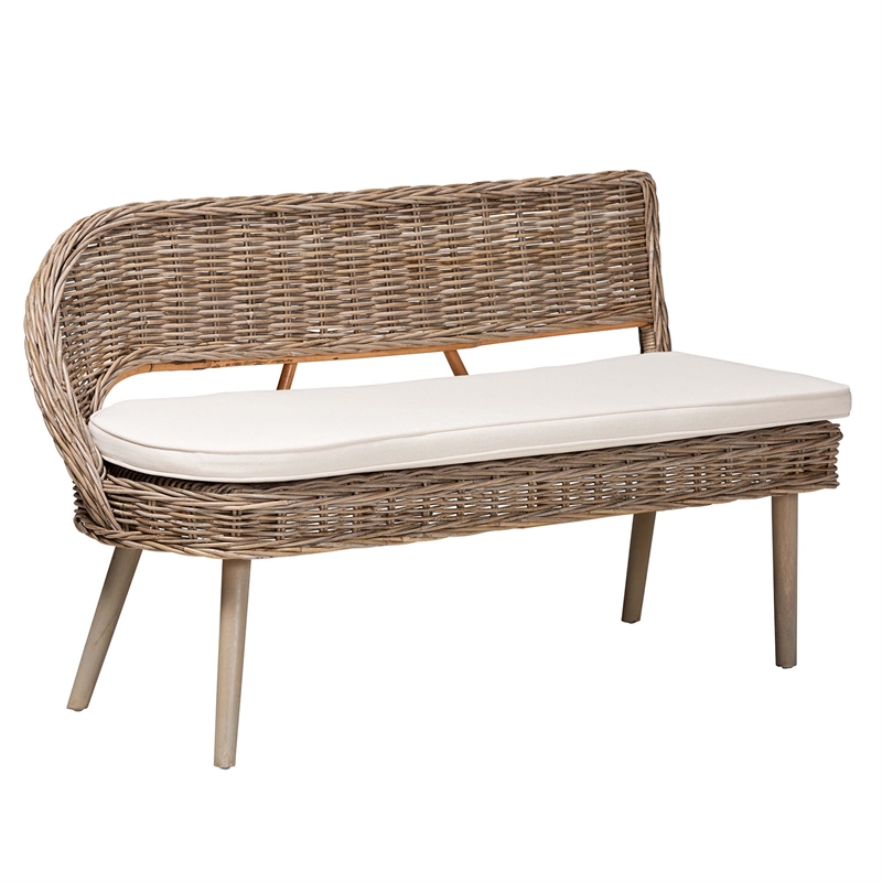 Baxton Studio Raisa Gray Seagrass Bench and Wood Table 4-Piece Dining Nook Set