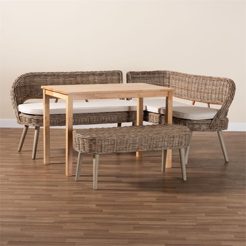 Baxton Studio Raisa Gray Seagrass Bench and Wood Table 4-Piece Dining Nook Set