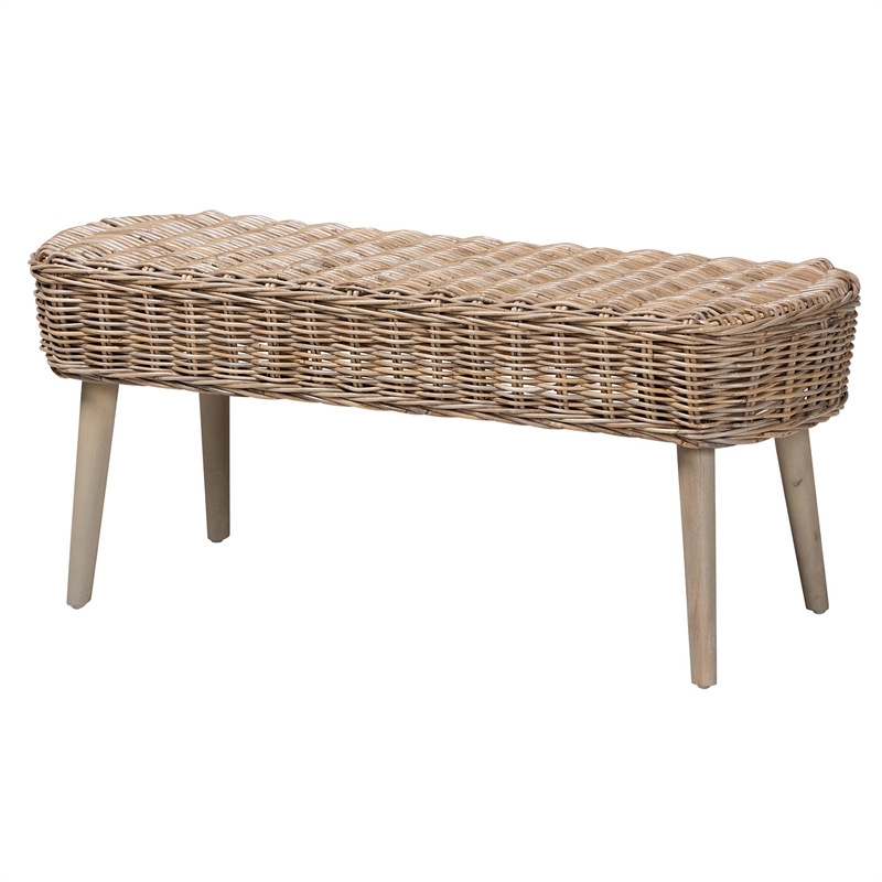 Baxton Studio Raisa Gray Seagrass Bench and Wood Table 4-Piece Dining Nook Set