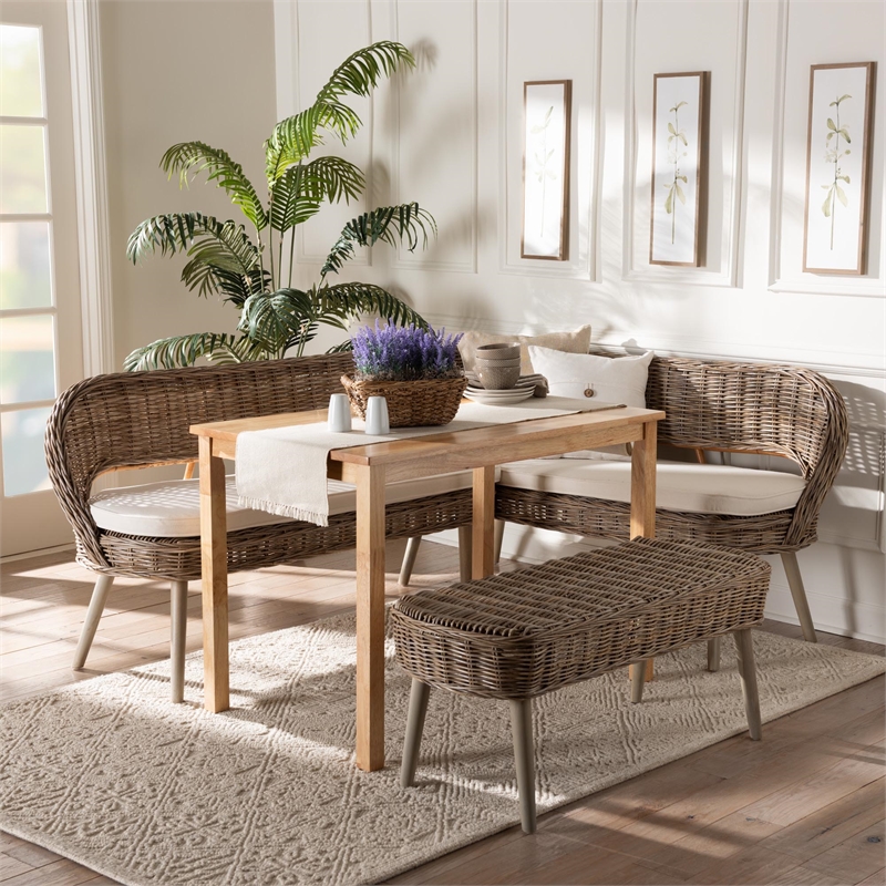 Baxton Studio Raisa Gray Seagrass Bench and Wood Table 4-Piece Dining Nook Set