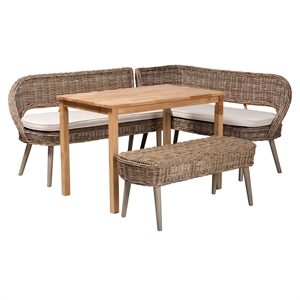 Baxton Studio Raisa Gray Seagrass Bench and Wood Table 4-Piece Dining Nook Set