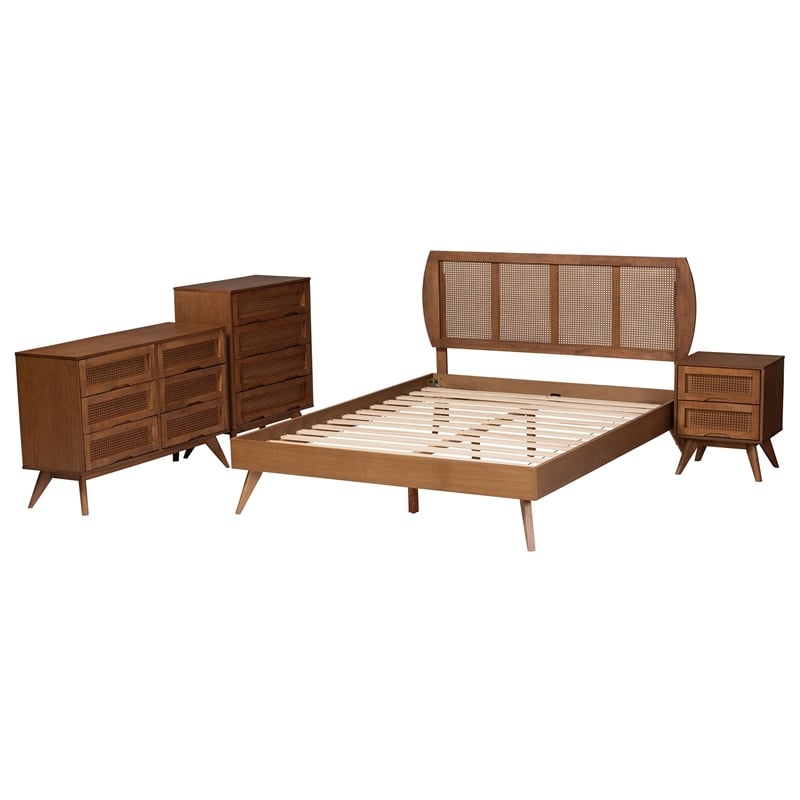 Baxton Studio Asami Brown Wood and Woven Rattan Full Size 4-Piece Bedroom Set