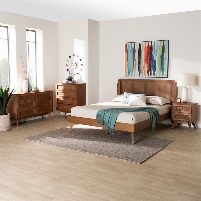 Baxton Studio Asami Brown Wood and Woven Rattan Full Size 4-Piece Bedroom Set