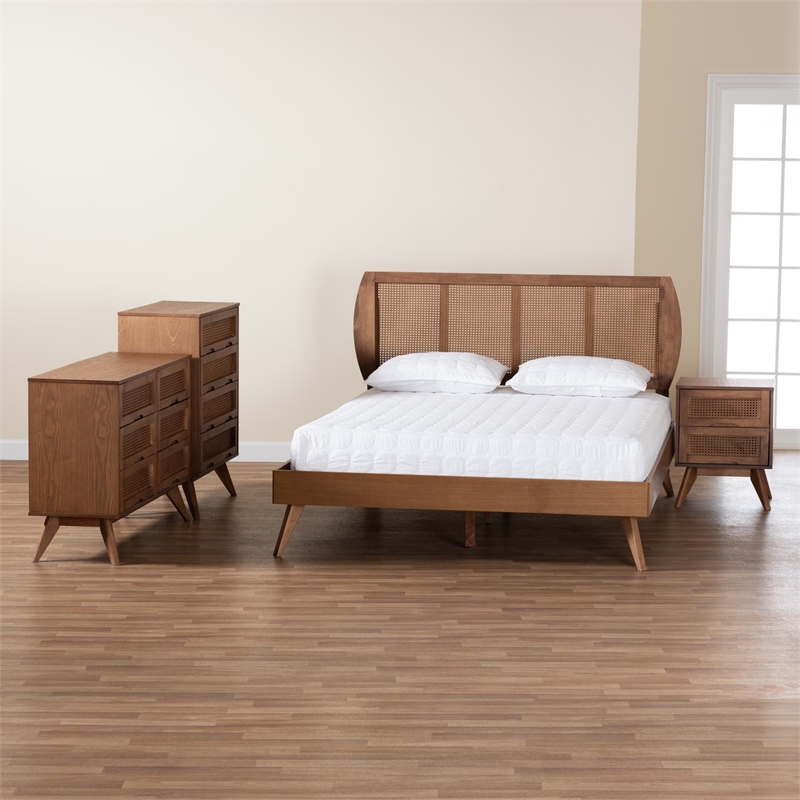 Baxton Studio Asami Brown Wood and Woven Rattan Full Size 4-Piece Bedroom Set