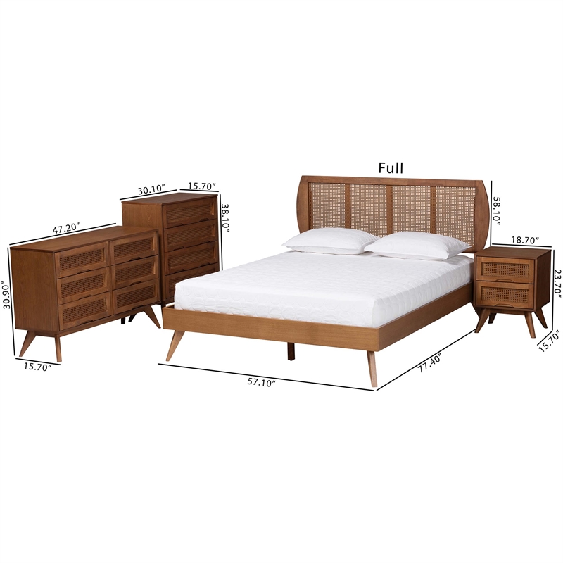 Baxton Studio Asami Brown Wood and Woven Rattan Full Size 4-Piece Bedroom Set