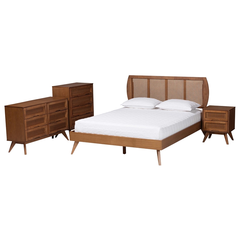Baxton Studio Asami Brown Wood and Woven Rattan Full Size 4-Piece Bedroom Set