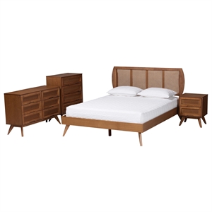 Baxton Studio Asami Brown Wood and Woven Rattan Full Size 4-Piece Bedroom Set
