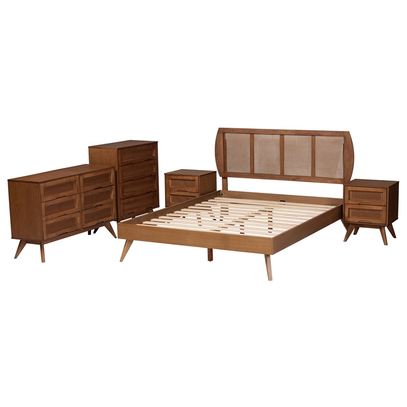 Baxton Studio Asami Brown Wood and Woven Rattan King Size 5-Piece Bedroom Set