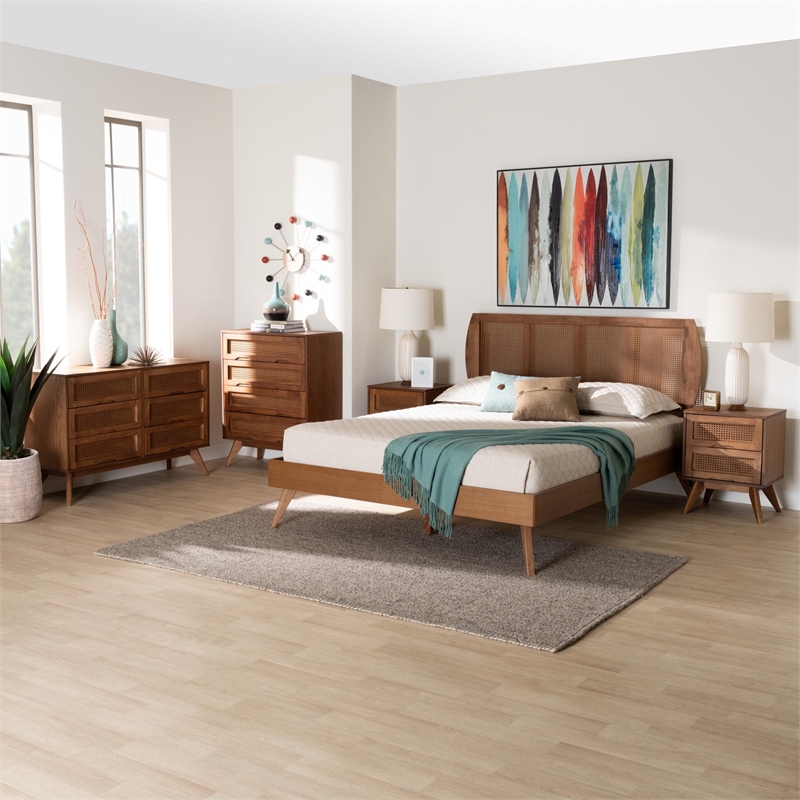 Baxton Studio Asami Brown Wood and Woven Rattan King Size 5-Piece Bedroom Set