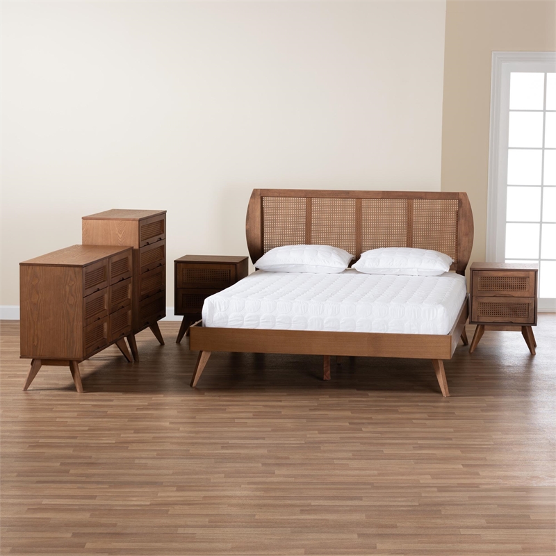 Baxton Studio Asami Brown Wood and Woven Rattan King Size 5-Piece Bedroom Set