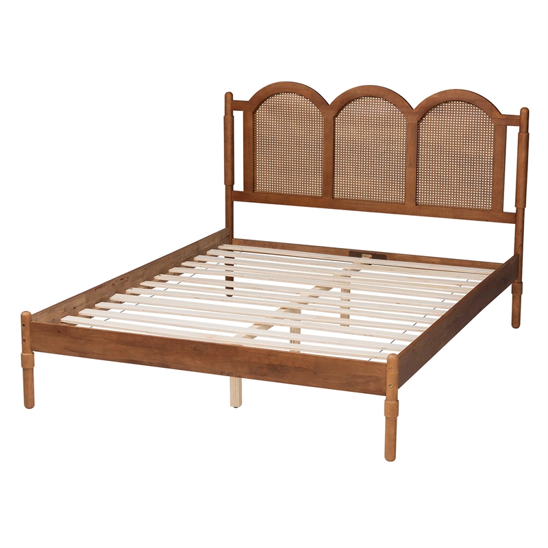 Baxton Studio Thatcher Brown Wood Queen Size Platform Bed with Woven Rattan