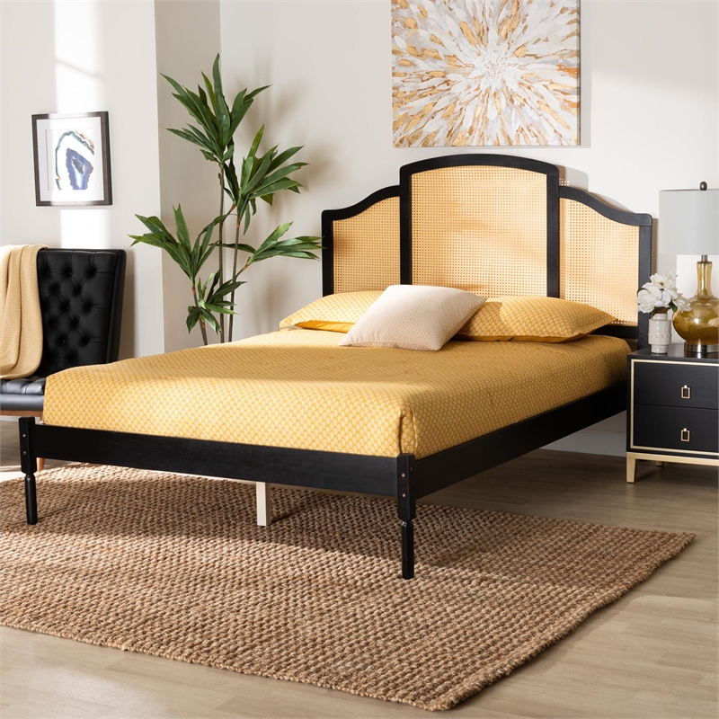 Baxton Studio Librina Black Wood Queen Size Platform Bed with Woven Rattan