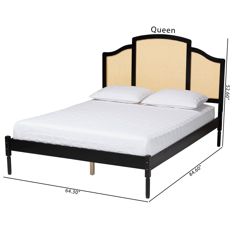 Baxton Studio Librina Black Wood Queen Size Platform Bed with Woven Rattan