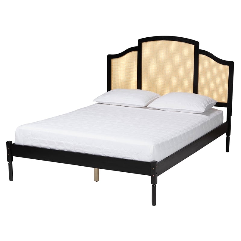 Baxton Studio Librina Black Wood Queen Size Platform Bed with Woven Rattan