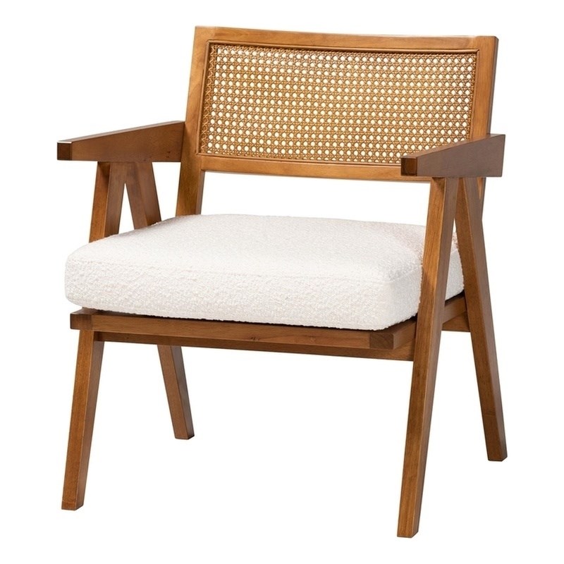Baxton Studio Jetsam Cream Boucle Fabric and Walnut Brown Wood Arm Chair