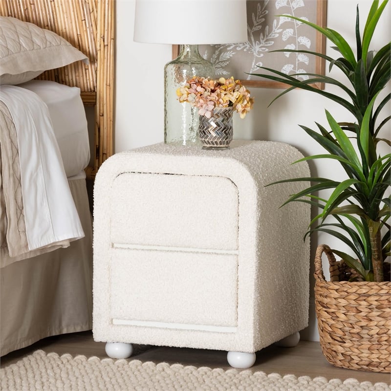 Baxton Studio Bonilla White Fabric and Rubberwood 2-Drawer Nightstand