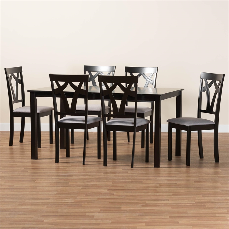 Baxton Studio Sylvia Grey Fabric and Dark Brown Wood 7-Piece Dining Set