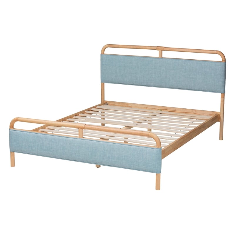 Baxton Studio Mateo Baby Blue Fabric and Natural Wood Queen Size Platform Bed