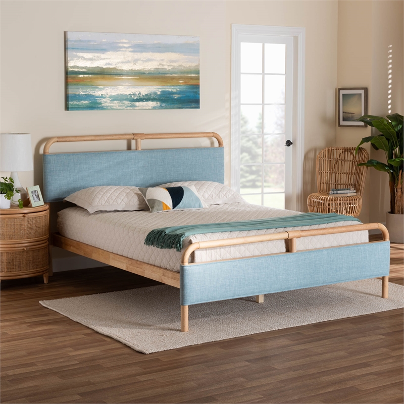 Baxton Studio Mateo Baby Blue Fabric and Natural Wood Queen Size Platform Bed