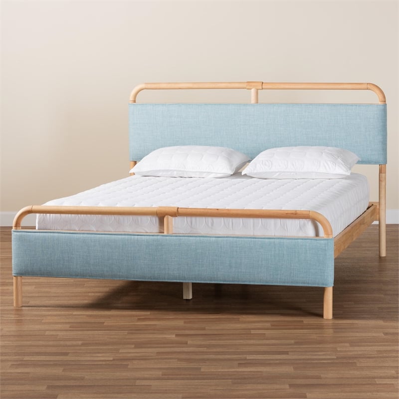 Baxton Studio Mateo Baby Blue Fabric and Natural Wood Queen Size Platform Bed