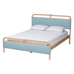Baxton Studio Mateo Baby Blue Fabric and Natural Wood Queen Size Platform Bed