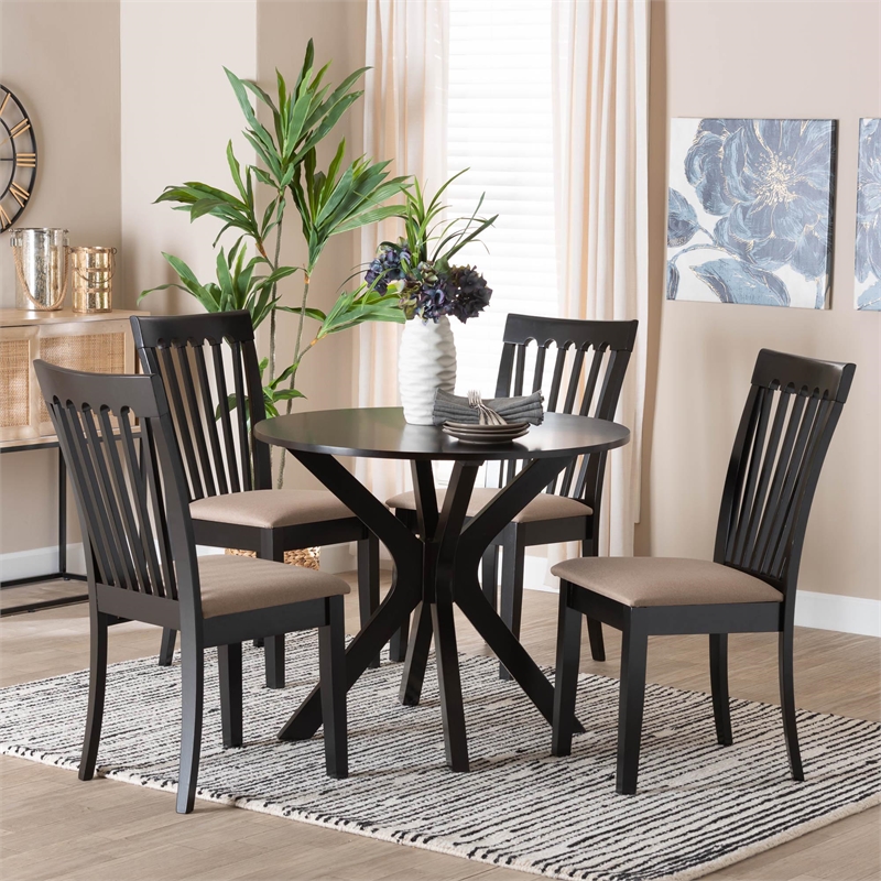 Baxton Studio Lore Sand Fabric and Dark Brown Wood 5-Piece Dining Set