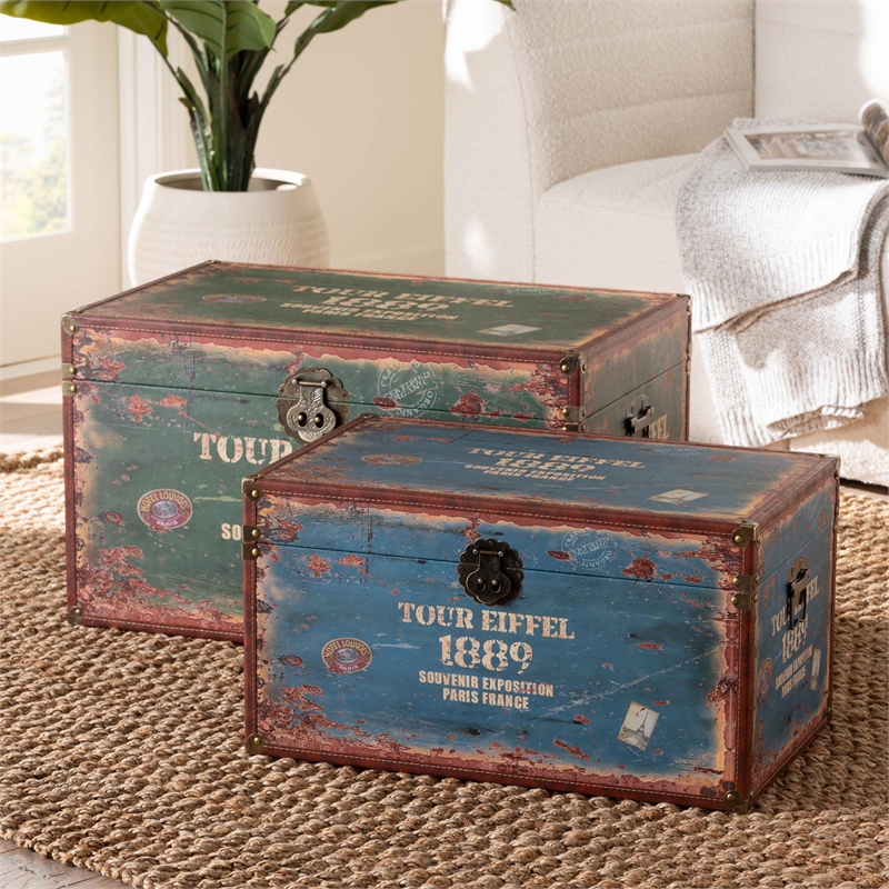 Baxton Studio Sabeen Parisian Faux Leather and Wood 2-Piece Storage Trunk Set