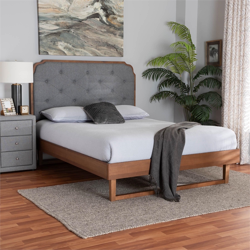 Baxton Studio Roald Gray Fabric and Walnut Brown Wood King Size Platform Bed