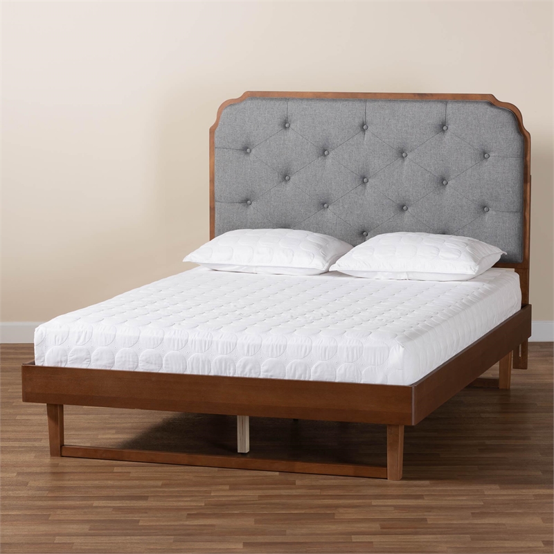 Baxton Studio Roald Gray Fabric and Walnut Brown Wood King Size Platform Bed