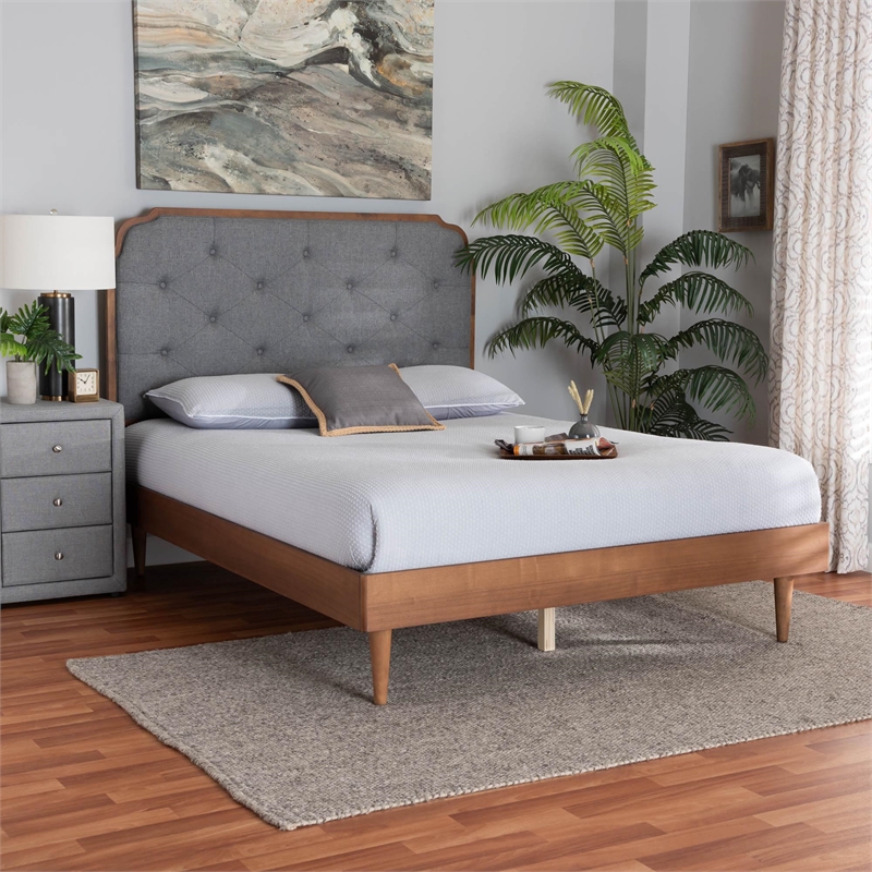 Baxton Studio Garron Gray Fabric and Walnut Brown Wood King Size Platform Bed