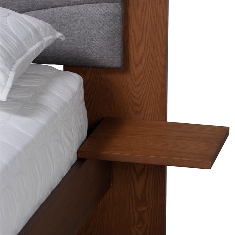 Baxton Studio Hemera Gray Fabric Brown Wood Queen Size Platform Bed With Table