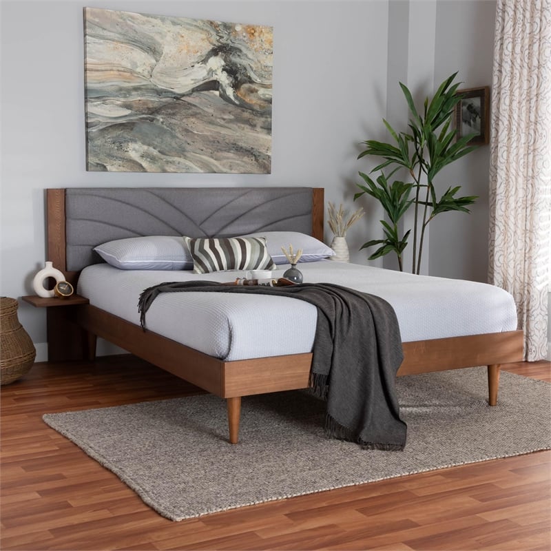 Baxton Studio Hemera Gray Fabric Brown Wood Queen Size Platform Bed With Table
