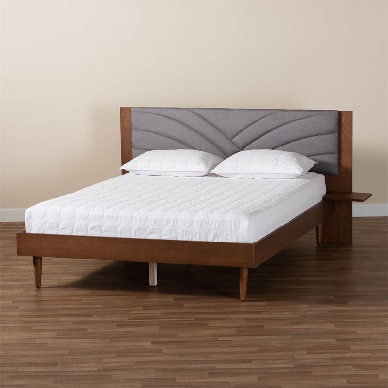 Baxton Studio Hemera Gray Fabric Brown Wood Queen Size Platform Bed With Table