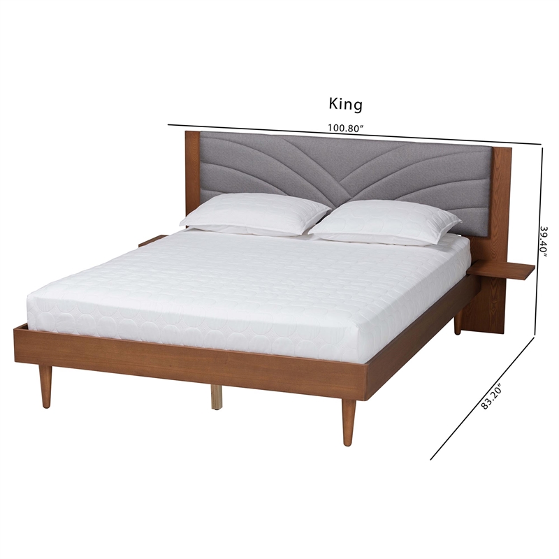 Baxton Studio Hemera Gray Fabric Brown Wood King Size Platform Bed With Table