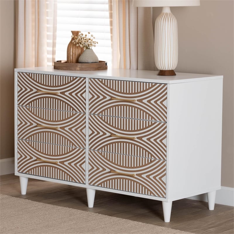 Baxton Studio Louetta White Carved Contrasting 6 Drawer Dresser