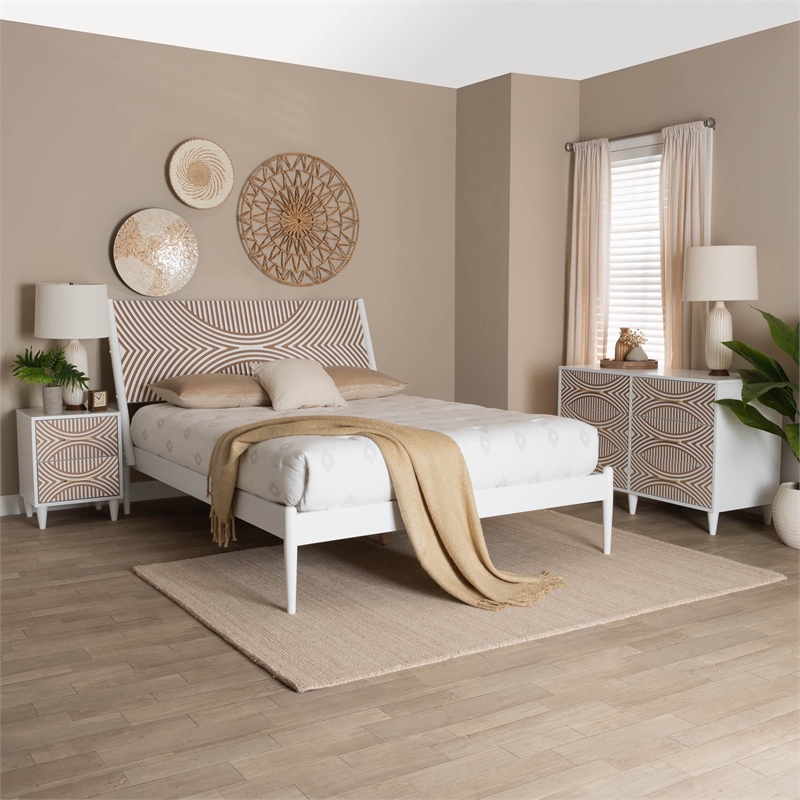 Baxton Studio Louetta White Caved Contrasting Queen Size 3-Piece Bedroom Set
