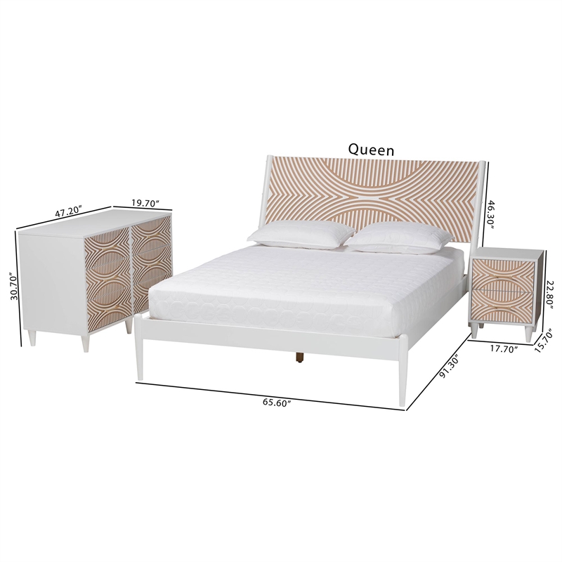 Baxton Studio Louetta White Caved Contrasting Queen Size 3-Piece Bedroom Set