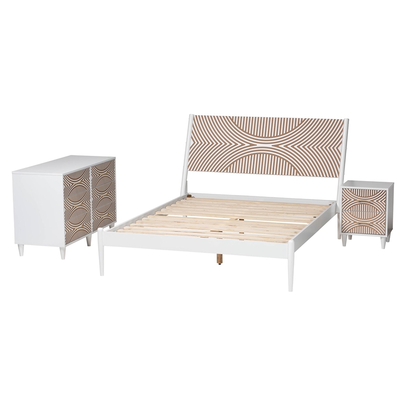 Baxton Studio Louetta White Caved Contrasting King Size 3-Piece Bedroom Set