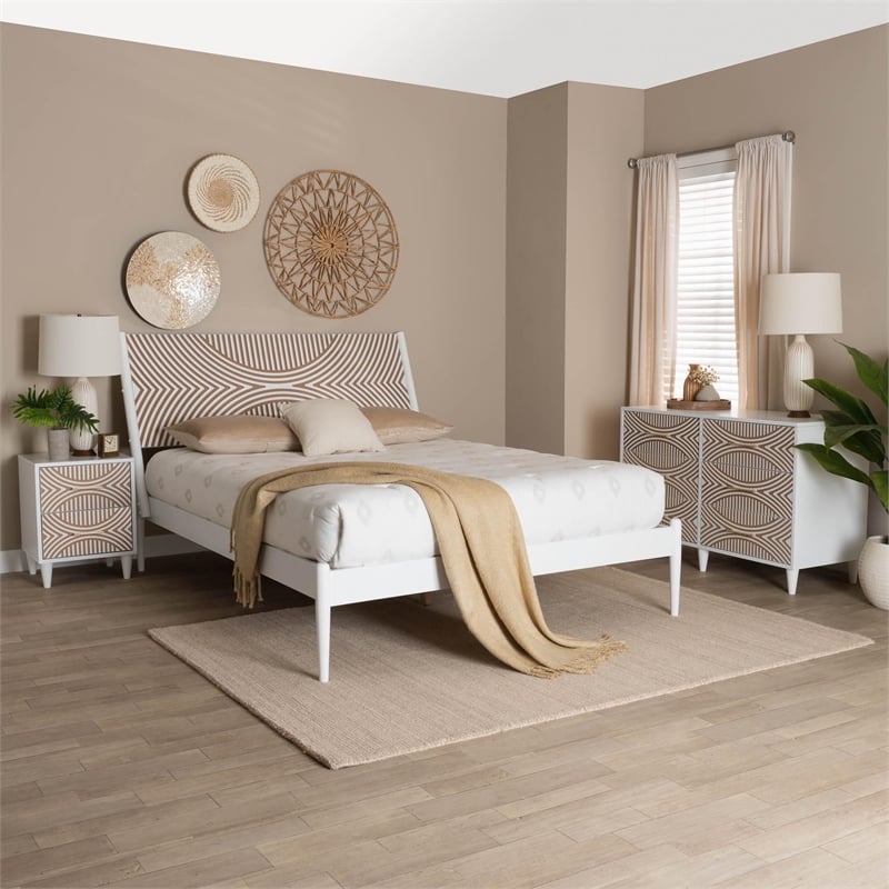 Baxton Studio Louetta White Caved Contrasting King Size 3-Piece Bedroom Set