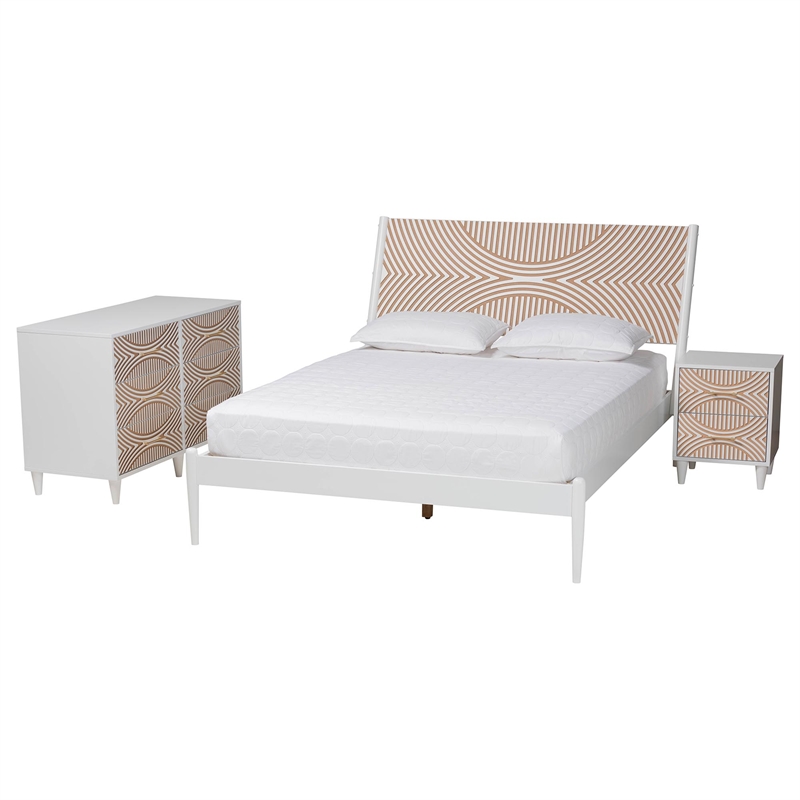 Baxton Studio Louetta White Caved Contrasting King Size 3-Piece Bedroom Set