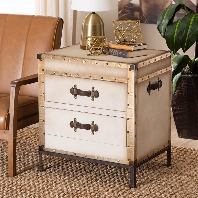 Baxton Studio Laura Vintage White Canvas 2-Drawer End Table Trunk