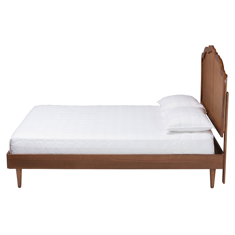 Baxton Studio Camden Walnut Brown Wood and Rattan Queen Size Platform Bed