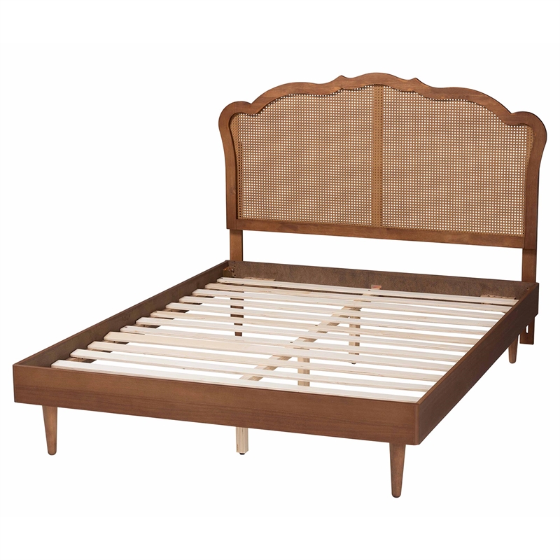 Baxton Studio Camden Walnut Brown Wood and Rattan Queen Size Platform Bed