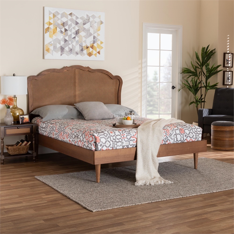 Baxton Studio Camden Walnut Brown Wood and Rattan Queen Size Platform Bed