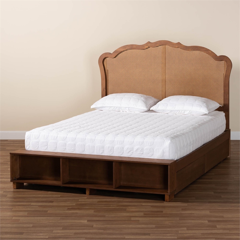 Baxton Studio Latrell Walnut Brown Wood and Rattan Queen Size Storage Bed