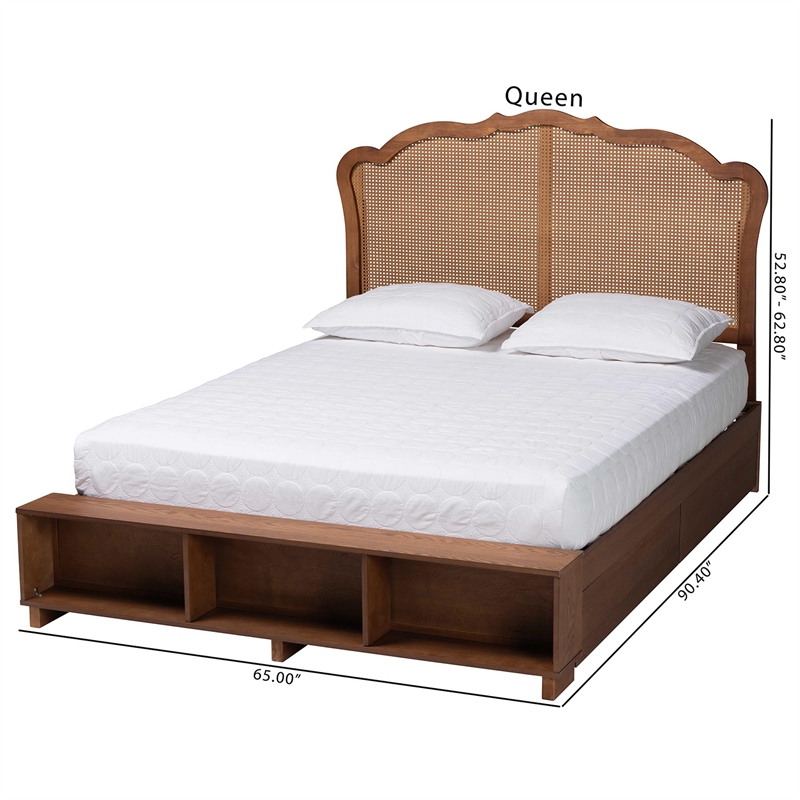 Baxton Studio Latrell Walnut Brown Wood and Rattan Queen Size Storage Bed