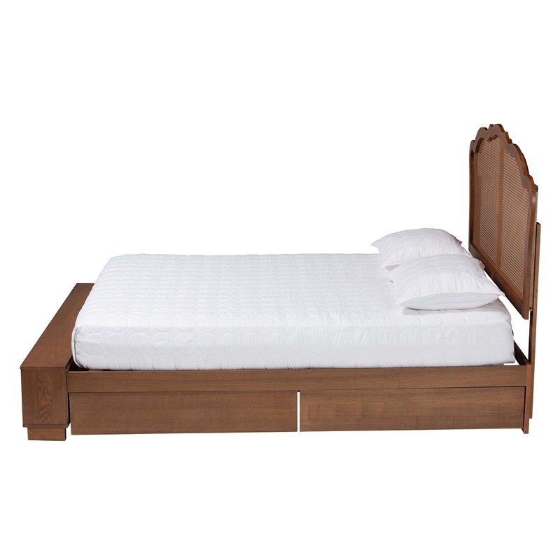 Baxton Studio Latrell Walnut Brown Wood and Rattan Queen Size Storage Bed
