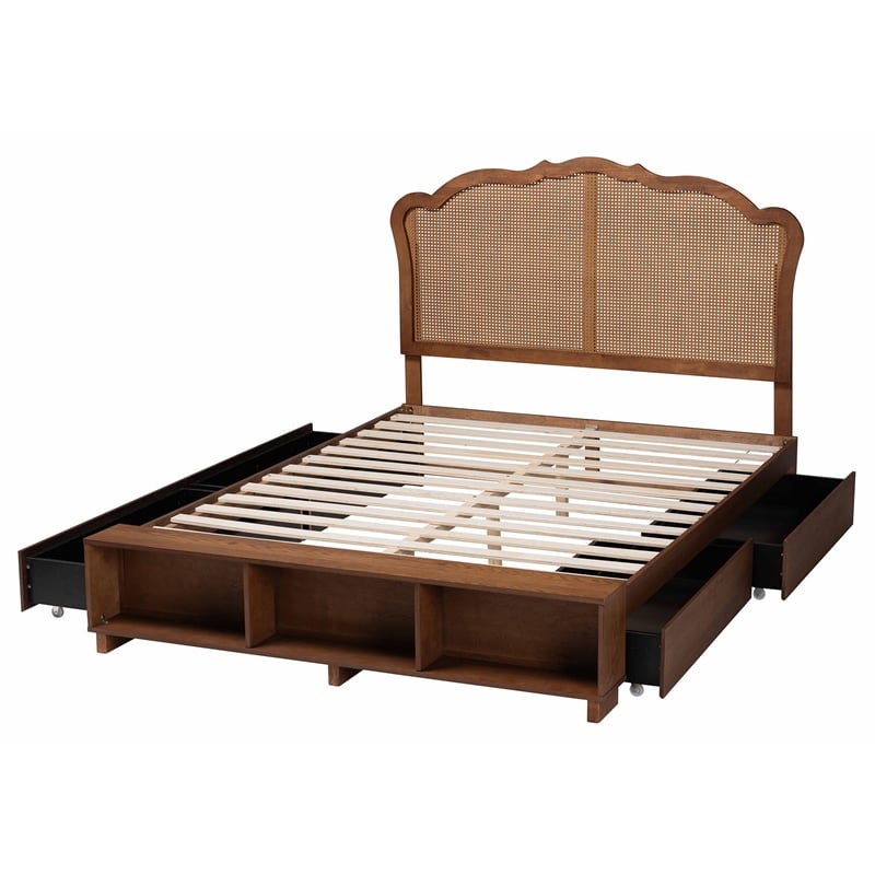 Baxton Studio Latrell Walnut Brown Wood and Rattan Queen Size Storage Bed